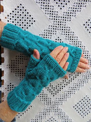 Teal handknitted pure wool fingerless gloves
