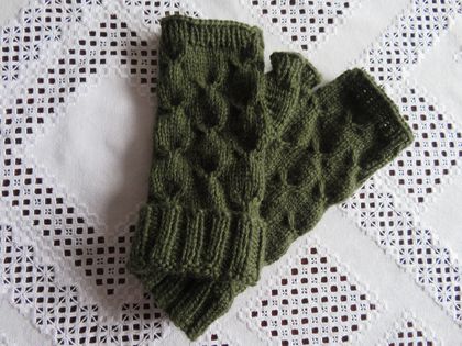 Olive pure wool handknitted fingerless gloves